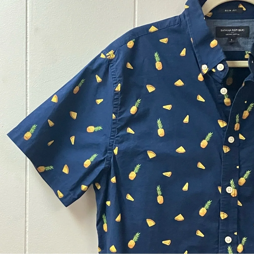 Banana Republic Pineapple Print Organic Cotton Shirt Mens Large Slim Fit Navy